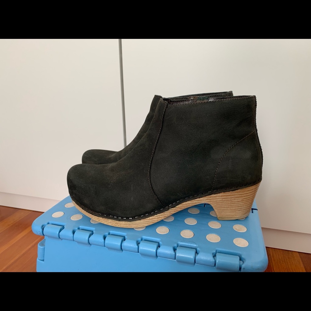 Dansko Black Suede Ankle Booties with Wood-Tone Heel
